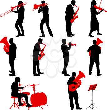 Set silhouette of musician playing the trombone, drummer, tuba, trumpet, saxophone, violin on a white background.