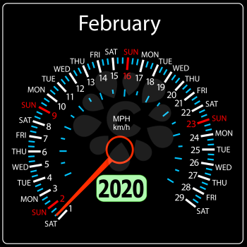 The 2020 year calendar speedometer a car February.