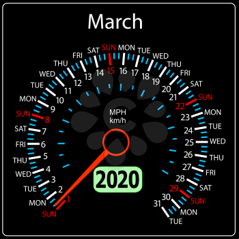 The 2020 year calendar speedometer a car March.