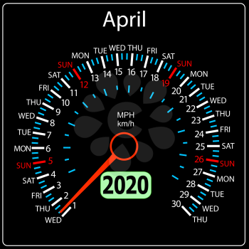 The 2020 year calendar speedometer a car April.