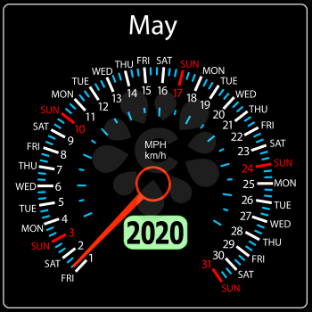 The 2020 year calendar speedometer a car May.