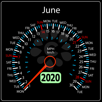 The 2020 year calendar speedometer a car June.