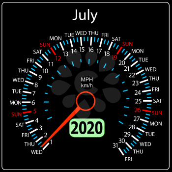 The 2020 year calendar speedometer a car July.