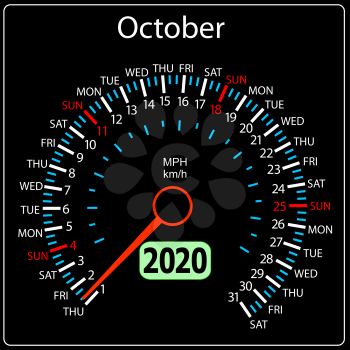 The 2020 year calendar speedometer a car October.