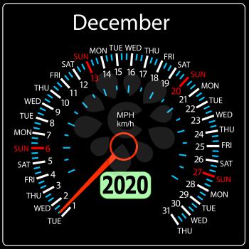 The 2020 year calendar speedometer a car December.