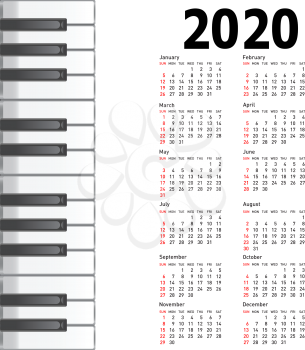 New calendar 2020 with a musical background piano keys.