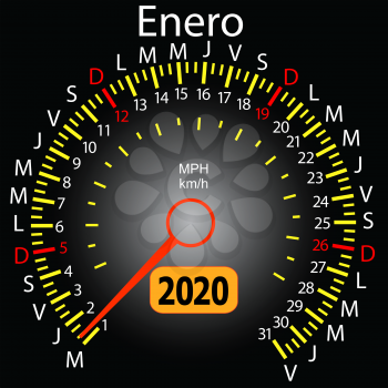 2020 year calendar speedometer car in Spanish January.
