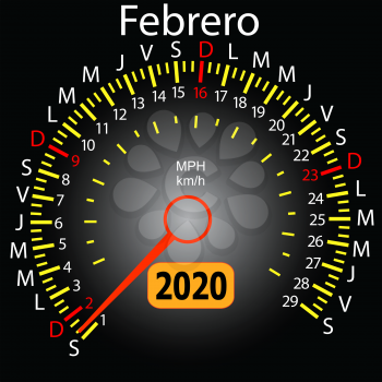2020 year calendar speedometer car in Spanish February.