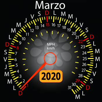 2020 year calendar speedometer car in Spanish March.