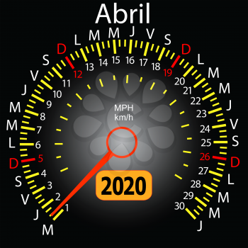 2020 year calendar speedometer car in Spanish April.
