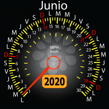 2020 year calendar speedometer car in Spanish June.