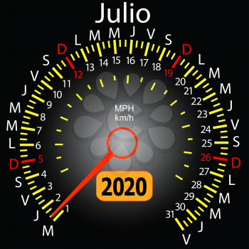 2020 year calendar speedometer car in Spanish July.