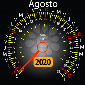 2020 year calendar speedometer car in Spanish August.