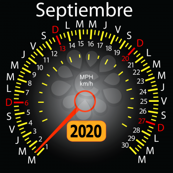 2020 year calendar speedometer car in Spanish September.