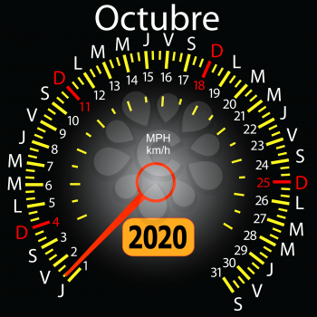 2020 year calendar speedometer car in Spanish October.