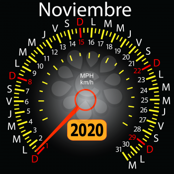 2020 year calendar speedometer car in Spanish November.