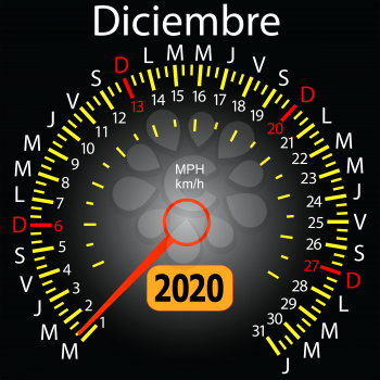 2020 year calendar speedometer car in Spanish December.