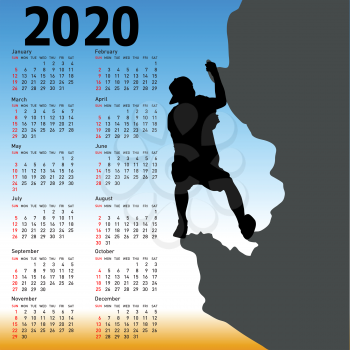 Stylish calendar with silhouette rock climber on against the blue sky for 2020.