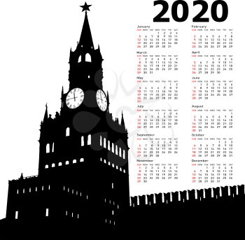 Stylish calendar with Moscow, Russia, Kremlin Spasskaya Tower with clock for 2020.