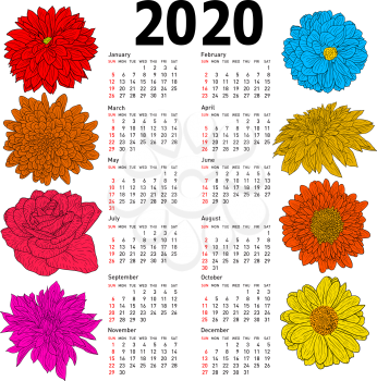 Stylish calendar with flowers for 2020. Week Sundays first.
