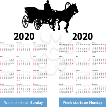 Calendar for 2020 of horse silhouettes isolated on white background.