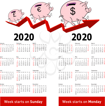 Stylish calendar Pig piggy bank for 2020 Sundays first