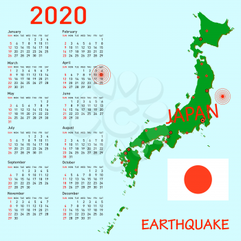 Calendar Japan map with danger on an atomic power station for 2020.
