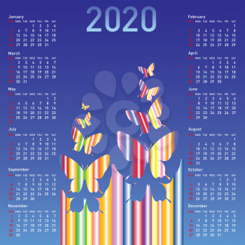 Stylish calendar with butterflies for 2020. Week starts on Sunday.