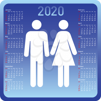 Woman and man in calendar 2020. Week starts on Sunday.