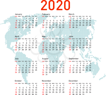 Calendar 2020 with world map. Week starts on Sunday.