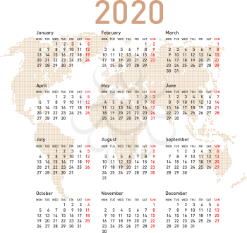 Calendar 2020 with world map. Week starts on Monday.