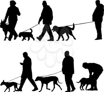 Set silhouette of woman man and dog on a white background.