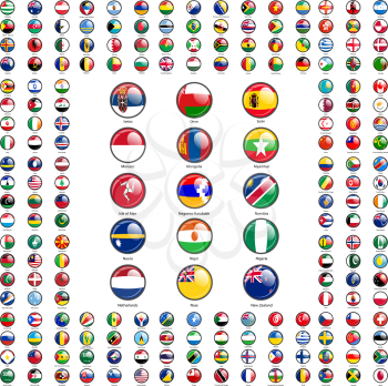 Set circle icon Flags of world sovereign states signed by the countries names.
