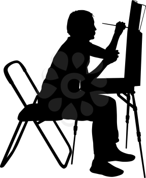 Silhouette, artist at work on a white background.