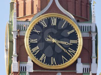 Moscow Kremlin Main Clock named Kuranti on Spasskaya Tower Red Square.