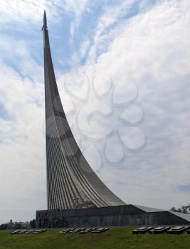 Conquerors of Space Monument in the park outdoors of Cosmonautics museum, near VDNK exhibition center, Moscow, Russia
