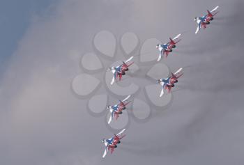Moscow Russia Zhukovsky Airfield 31 August 2019: aerobatic team swifts MiG-29 perfoming demonstration flight of the international aerospace salon MAKS-2019.
