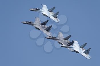 Moscow Russia Zhukovsky Airfield 31 August 2019: Aerobatic teams Falcons Of Russia on planes Su-30 of the international aerospace salon MAKS-2019.