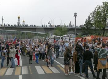 MOSCOW, RUSSIA , May 09, 2019: Over one million people of all ages take part in the Immortal Regiment parade celebrating the memory of loved ones fallen in WWII after the state Victory Parade.