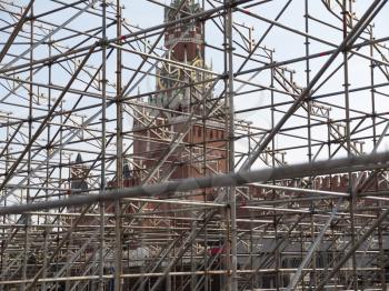 MOSCOW RUSSIA- AUG 25, 2018: Spasskaya tower on the background of scaffolding.