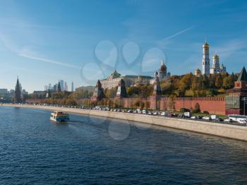 MOSCOW RUSSIA- AUG 25, 2018: Sunny summer day moscow river bay kremlin.
