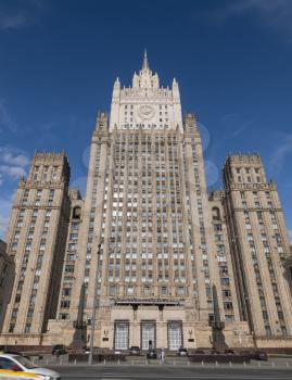 The main building of Ministry of Foreign Affairs is one of the famous seven skyscrapers, built in Stalinist style in Moscow Russia.
