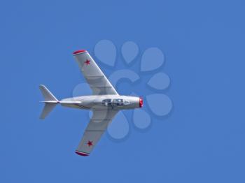 Moscow Russia Zhukovsky Airfield 31 August 2019: Demonstration of the Russian MiG-15 Bis 1120 (Fagot) the international aerospace salon MAKS-2019.