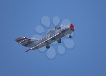 Moscow Russia Zhukovsky Airfield 31 August 2019: Demonstration of the Russian MiG-15 Bis 1120 (Fagot) the international aerospace salon MAKS-2019.