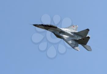 Moscow Russia Zhukovsky Airfield 31 August 2019: aerobatic MiG-29 perfoming demonstration flight of the international aerospace salon MAKS-2019.