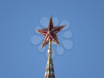 MOSCOW , RUSSIA, June 10, 2019: Ruby star on the spire of the Spasskaya Tower of the Moscow Kremlin on June 10, 2019 in Moscow, Russia.