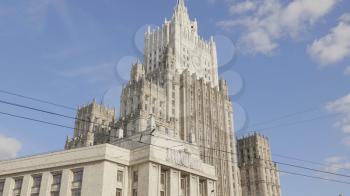 MOSCOW, RUSSIA - JULE 27 2019: The main building of Ministry of Foreign Affairs is one of the famous seven skyscrapers, built in Stalinist style, on Jule 27, 2019 in Moscow, Russia