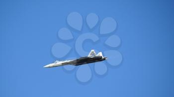 Moscow Russia Zhukovsky Airfield 31 August 2019: Demonstration of the latest Russian SU-57 fighterof the international aerospace salon MAKS-2019.