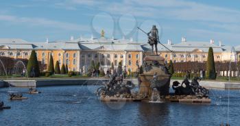 ST. PETERSBURG, RUSSIA, May 12, 2018: Time lapse Petergof or Peterhof, known as Petrodvorets from 1944 to 1997 and Neptune Fountain on May 12, 2018 in St. Petersburg, Russia.