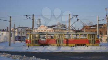 BARNAUL - DECEMBER 17 The tram to the ultimate old bazaar on Desember 17, 2019 in Barnaul, Russia.